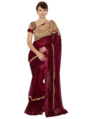 Indian women Maroon Designer Saree with Heavy Work Raw Silk saree with blouse 1