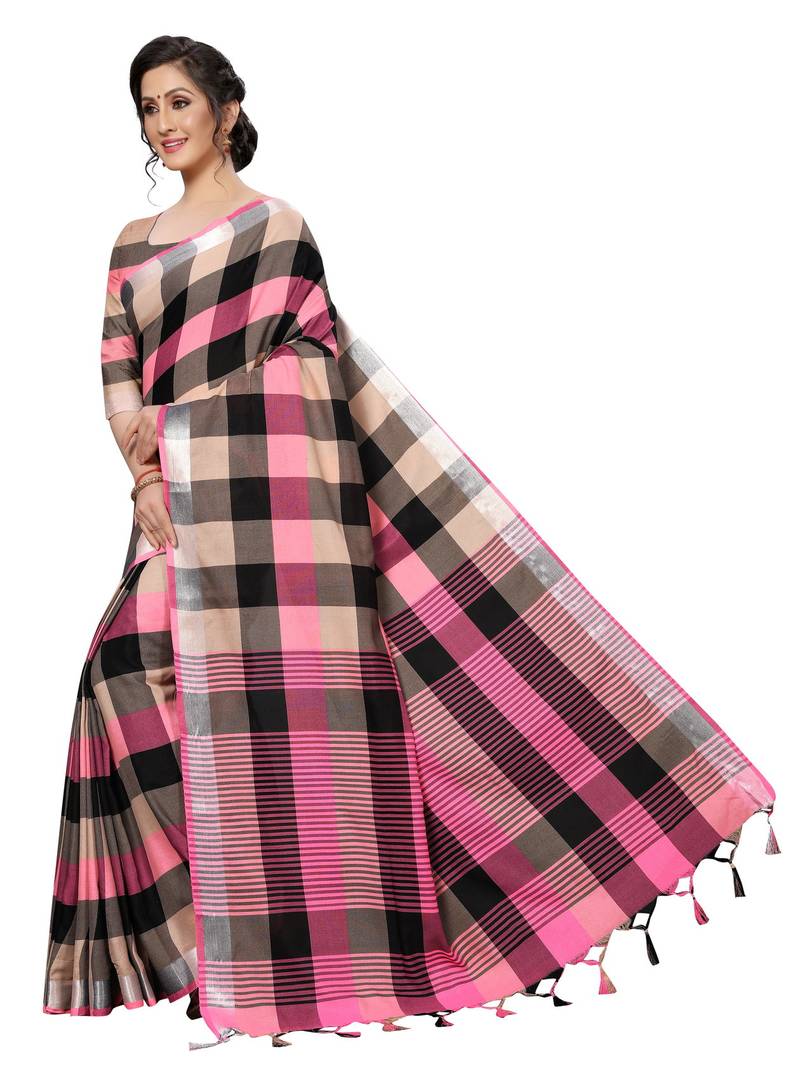 Pink Woven cotton silk saree with blouse