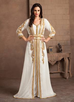 Gleaming Off White Party Wear Handmade Moroccan Style Kaftan 1