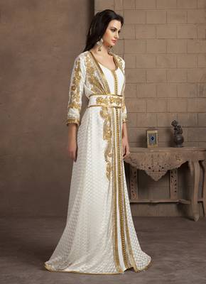 Gleaming Off White Party Wear Handmade Moroccan Style Kaftan 2