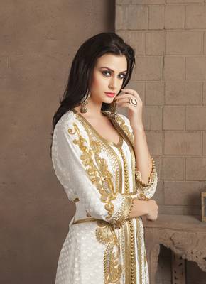 Gleaming Off White Party Wear Handmade Moroccan Style Kaftan 3