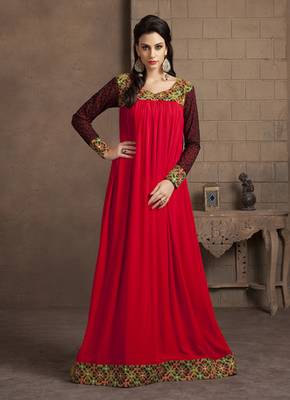 Red Color Long Sleeve Modern Embroidery Maxi Dress 1
