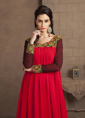 Red Color Long Sleeve Modern Embroidery Maxi Dress 2