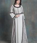 Gray Color Kaftan Arabic Evening Dress With Net Brasso And Black Lace Work