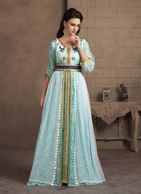 Aqua Blue Color Kaftan Arabic Evening Dress With Net Brasso And Thread Work 1