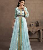 Aqua Blue Color Kaftan Arabic Evening Dress With Net Brasso And Thread Work