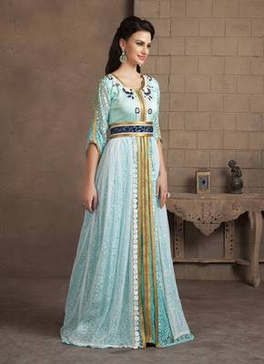 Aqua Blue Color Kaftan Arabic Evening Dress With Net Brasso And Thread Work 2