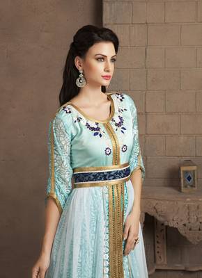 Aqua Blue Color Kaftan Arabic Evening Dress With Net Brasso And Thread Work 3