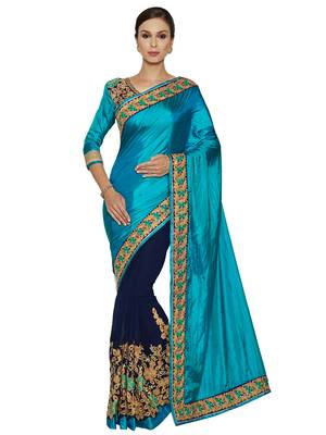 Indian women Cyan Half and Half Sari Raw Silk saree with blouse 1