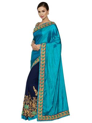 Indian women Cyan Half and Half Sari Raw Silk saree with blouse 2