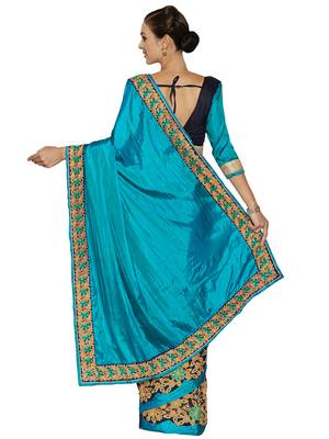 Indian women Cyan Half and Half Sari Raw Silk saree with blouse 3