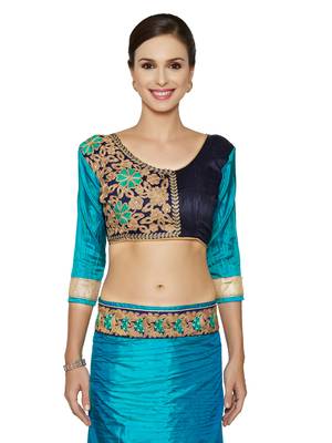 Indian women Cyan Half and Half Sari Raw Silk saree with blouse 4
