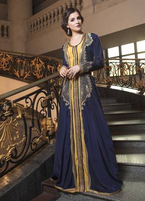 Dark Blue Thread Work Style Fabric Dubai Party Wear Designer Kaftan 1
