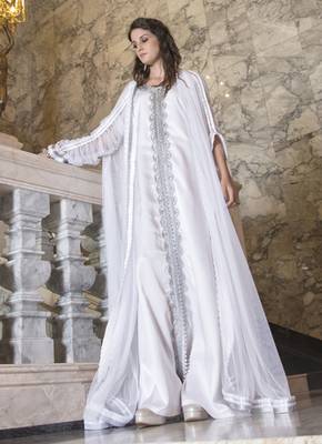 Moroccan Long Sleeve Wedding Kaftan White Color With Lace Work 2