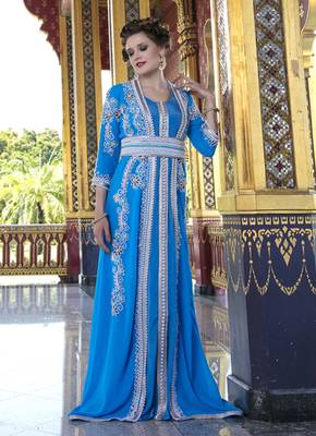 Moroccan Style Kaftan Blue Firoji Color With Pearl And Stone Work 1
