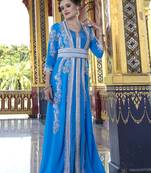 Moroccan Style Kaftan Blue Firoji Color With Pearl And Stone Work