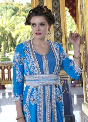 Moroccan Style Kaftan Blue Firoji Color With Pearl And Stone Work 2