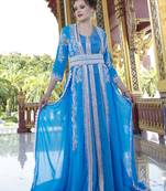 Moroccan Style Kaftan With Pearl And Stone Work With Train Blue Firoji Color
