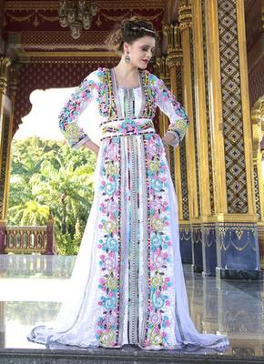 Moroccan Style Long Sleeve White Color Wedding Kaftan With Rose And Stone Work 1