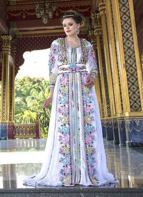 Moroccan Style Long Sleeve White Color Wedding Kaftan With Rose And Stone Work 2
