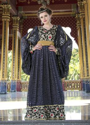 Embroidery Work Kaftan Gray And Black Color Net Brasso Arabic Style 3