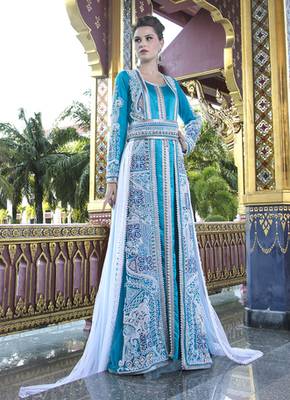 Firozi Color Moroccan Wedding Kaftan With Pearl Handwork And White Train 1