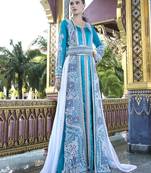 Firozi Color Moroccan Wedding Kaftan With Pearl Handwork And White Train