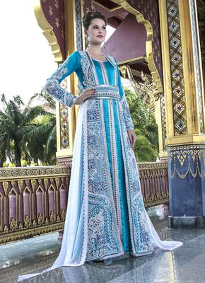 Firozi Color Moroccan Wedding Kaftan With Pearl Handwork And White Train 2