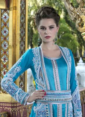 Firozi Color Moroccan Wedding Kaftan With Pearl Handwork And White Train 3