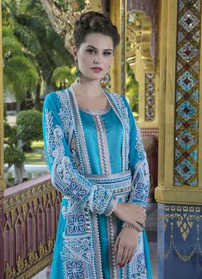 Firozi Color Moroccan Wedding Kaftan With Pearl Handwork And White Train 4
