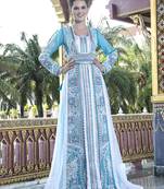 Firozi And White Color Moroccan Wedding Kaftan With Pearl Handwork And Train