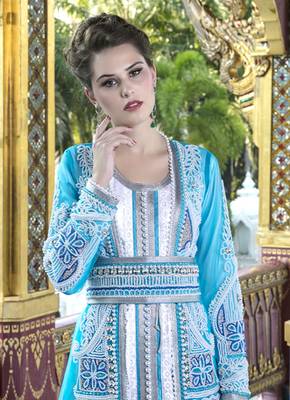 Firozi And White Color Moroccan Wedding Kaftan With Pearl Handwork And Train 3
