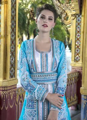 Firozi And White Color Moroccan Wedding Kaftan With Pearl Handwork And Train 4