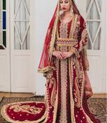 Maroon Moroccan Style Long Sleeve Wedding Kaftan With Trail