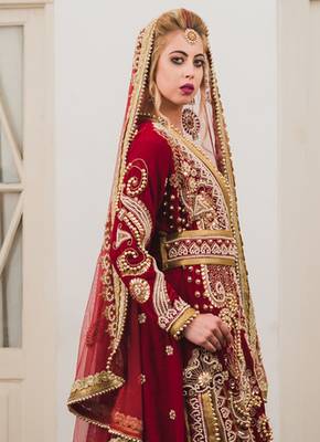 Maroon Moroccan Style Long Sleeve Wedding Kaftan With Trail 4