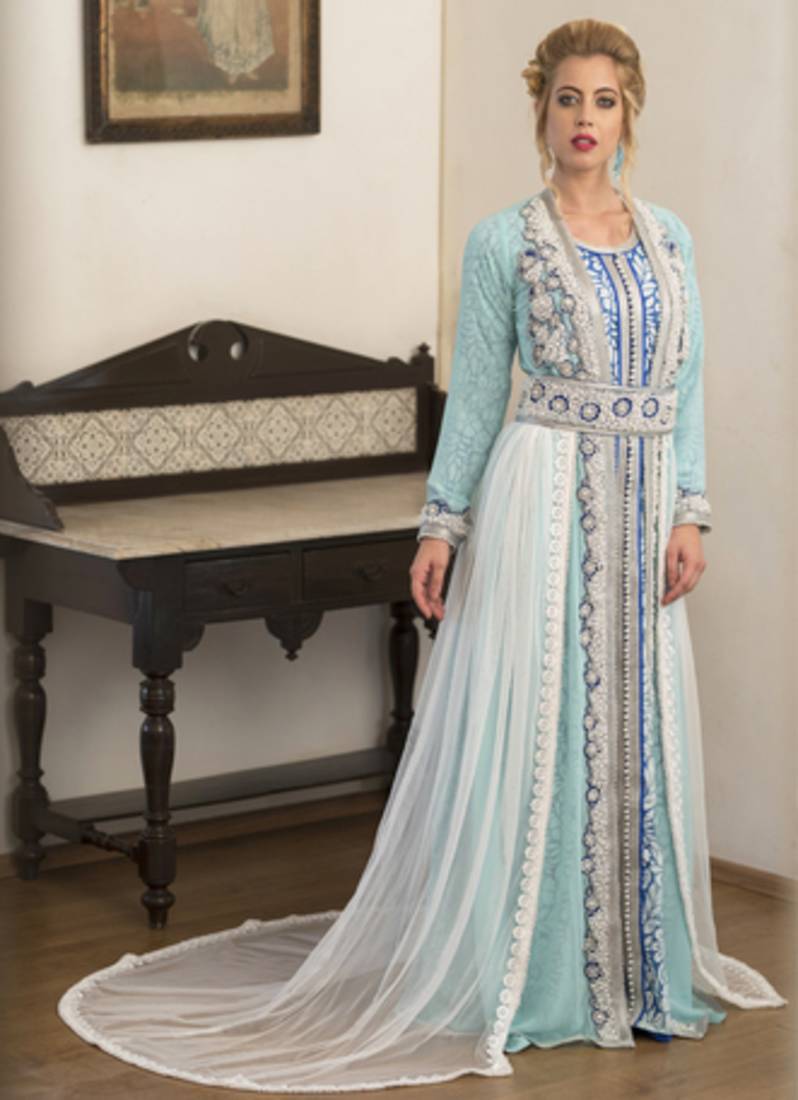 Mint Green And Blue & White Arabic Evening Dress With Net Brasso And Lace  Work - Kolkozy Fashion Private Limited - 2480736