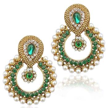 Pearl ethnic green India Pakistan tradition Bollywood jewelry earring 1