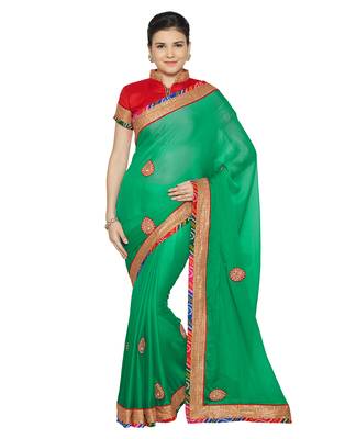 Indian women Green Designer Saree with Heavy Work Raw Silk saree with blouse 1