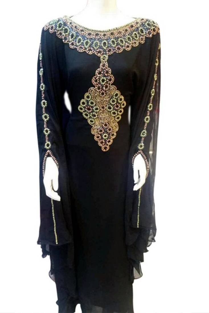 Black Beads and Stone Work Georgette Hand Stiched Arab Islamic farasha