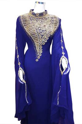 Blue Beads and Stone Work Georgette Hand Stiched Arab Islamic farasha 1