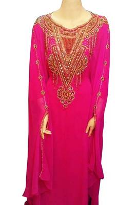 Pink Beads and Stone Work Georgette Hand Stiched Arab Islamic farasha 1