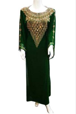Green Beads and Stone Work Georgette Hand Stiched Arab Islamic farasha 1