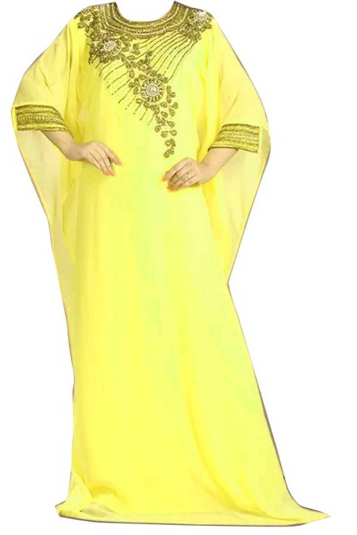 Yellow Beads and Stone Work Georgette Hand Stiched Arab Islamic farasha