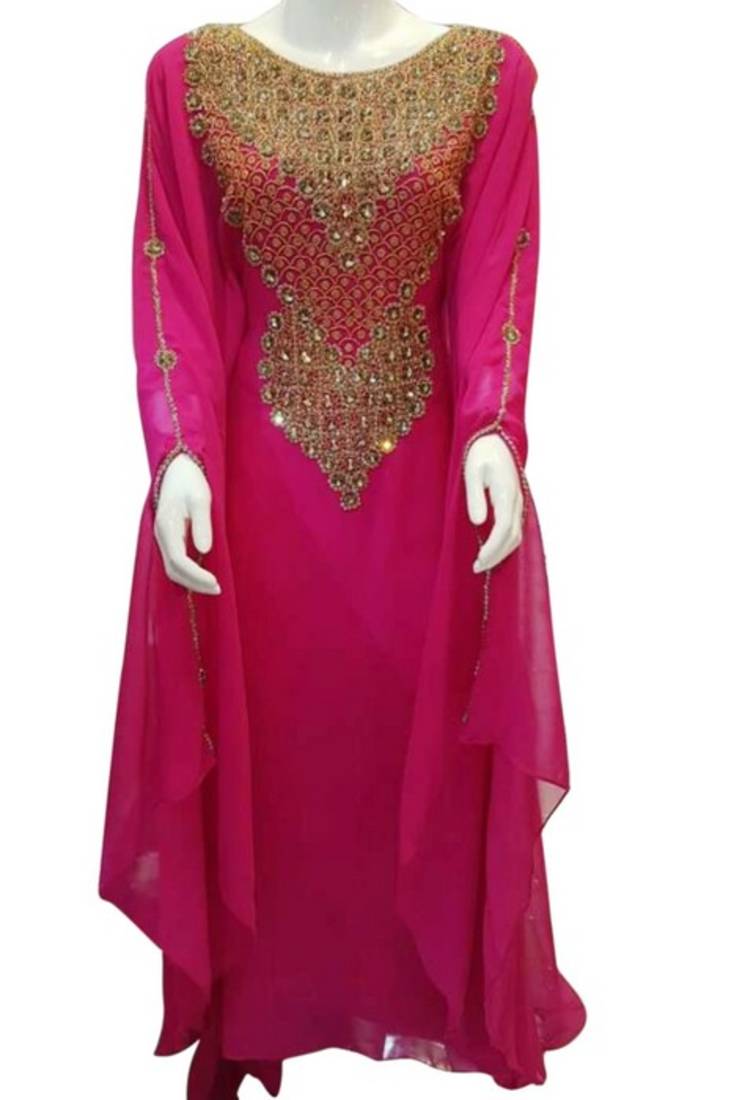 Pink Beads and Stone Work Georgette Hand Stiched Arab Islamic farasha