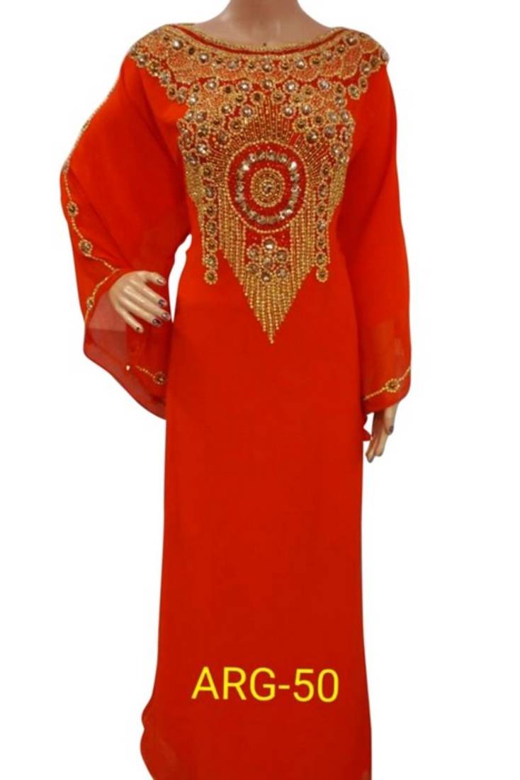 Red Beads and Stone Work Georgette Hand Stiched Arab Islamic farasha