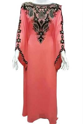 Peach Beads and Stone Work Georgette Hand Stiched Arab Islamic farasha 1