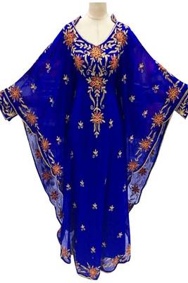 Blue Embroidery Work Georgette Hand Stiched Arab Islamic farasha 1