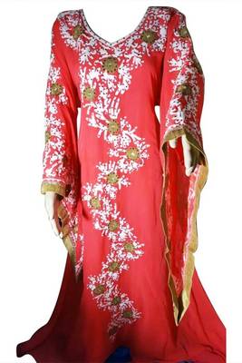 Red Embroidery Work Georgette Hand Stiched Arab Islamic farasha 1