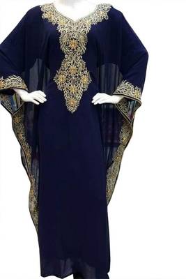 Blue Embroidery Work Georgette Hand Stiched Arab Islamic farasha 1