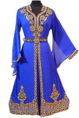 Blue Beads and Stone Work Georgette Hand Arab Moroccan Kaftan 1